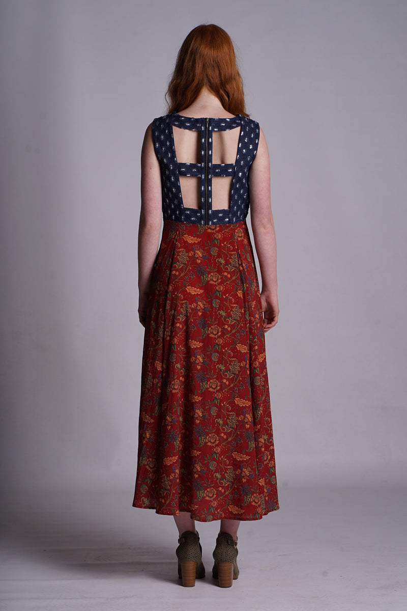 Mirror Floral Embroidered Red Chintz Dress with Back Zip Detail