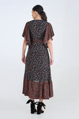 Black Asymmetric Ruffle Printed Skirt