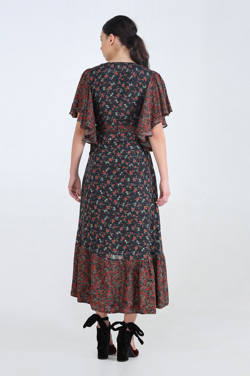 Black Asymmetric Ruffle Printed Skirt