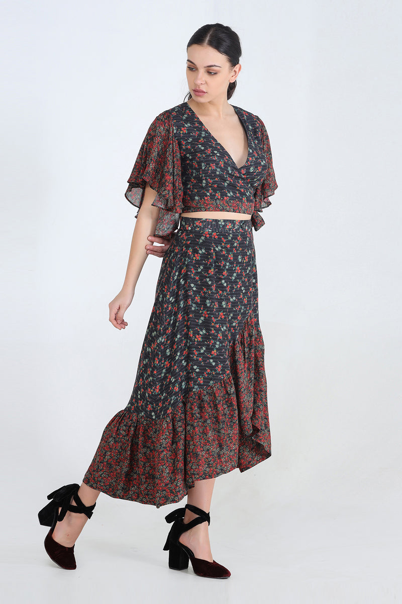 Black Asymmetric Ruffle Printed Skirt
