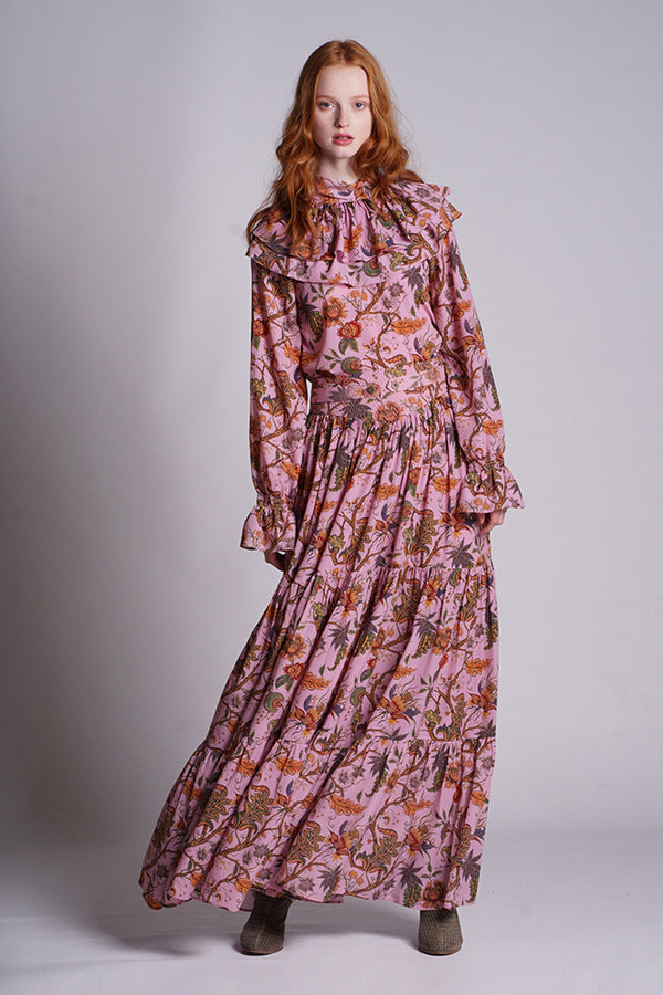 Pink Tone On Tone Chintz Threetier Skirt With Guilted Belt