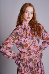 Pink Tone On Tone Chintz Threetier Skirt With Guilted Belt