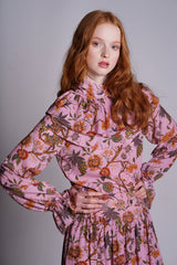 Pink Color-full Chintz Victorian Style Ruffle Blouse