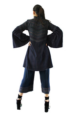 Blue Viscose Twill Block Printed Cropped Pants