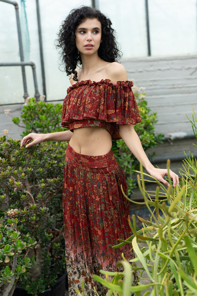 Red Chintz Ruffle Off-Shoulder Tube Top