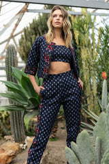 Denim Sequence Pant with Floral Mirror Embroidery on Tuxedo Strip