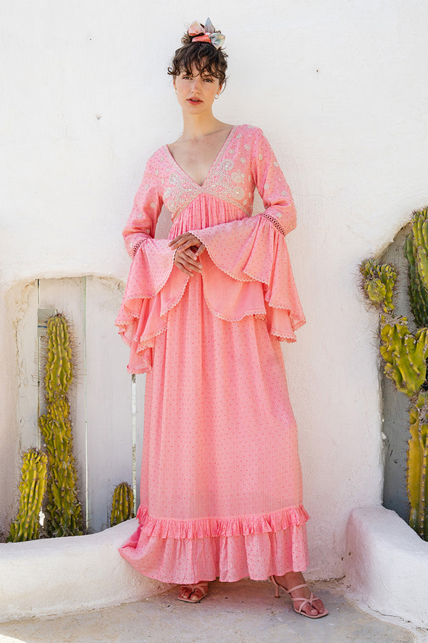 Candy Pink Striped Dobby Weave Maxi With Co-Ord Embroidered Bodice