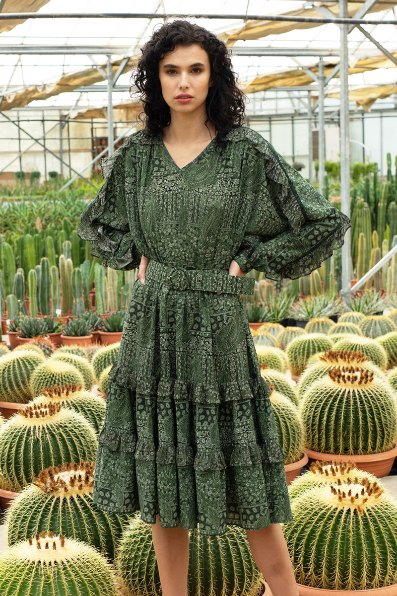 Green Paisley Printed Crepe & Chiffon Ruffles Dress