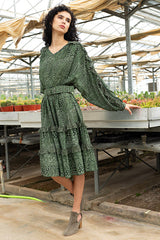 Green Paisley Printed Crepe & Chiffon Ruffles Dress