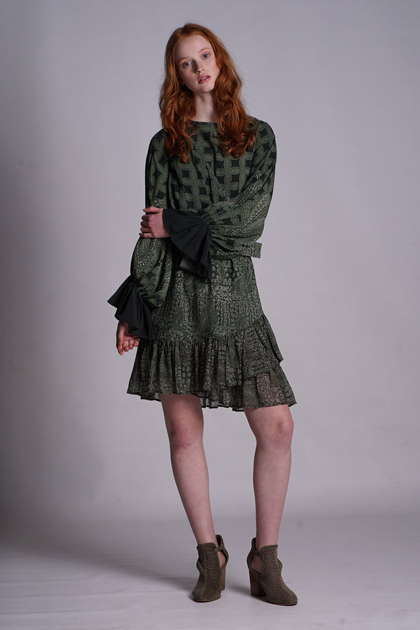 All Over Placement Print Green Paisley Mini Dress 1