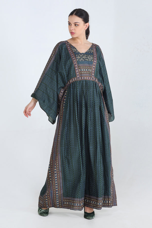 Moss Green Mul Block Printed Khaftan Maxi