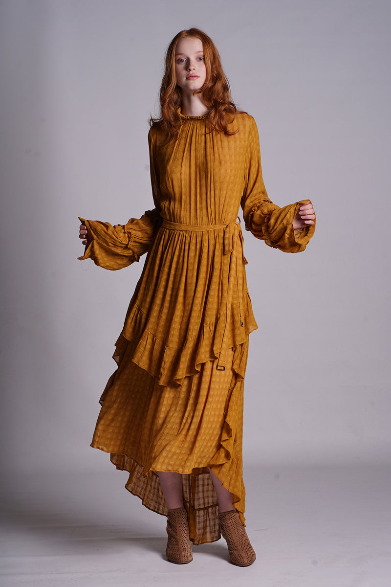 Viscose Texture Fabric Mustard Gathred Fuffle Detail  Midi Dress