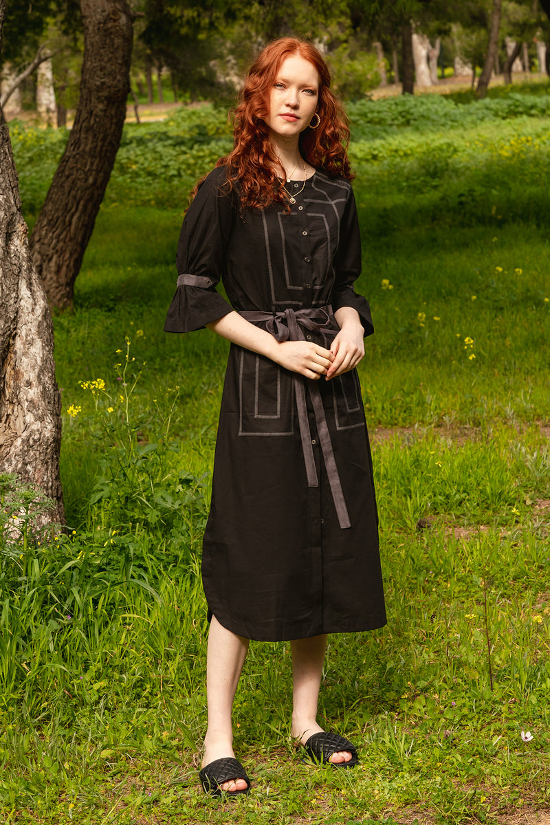 Black poplin stitchline shirt dress with suede belt