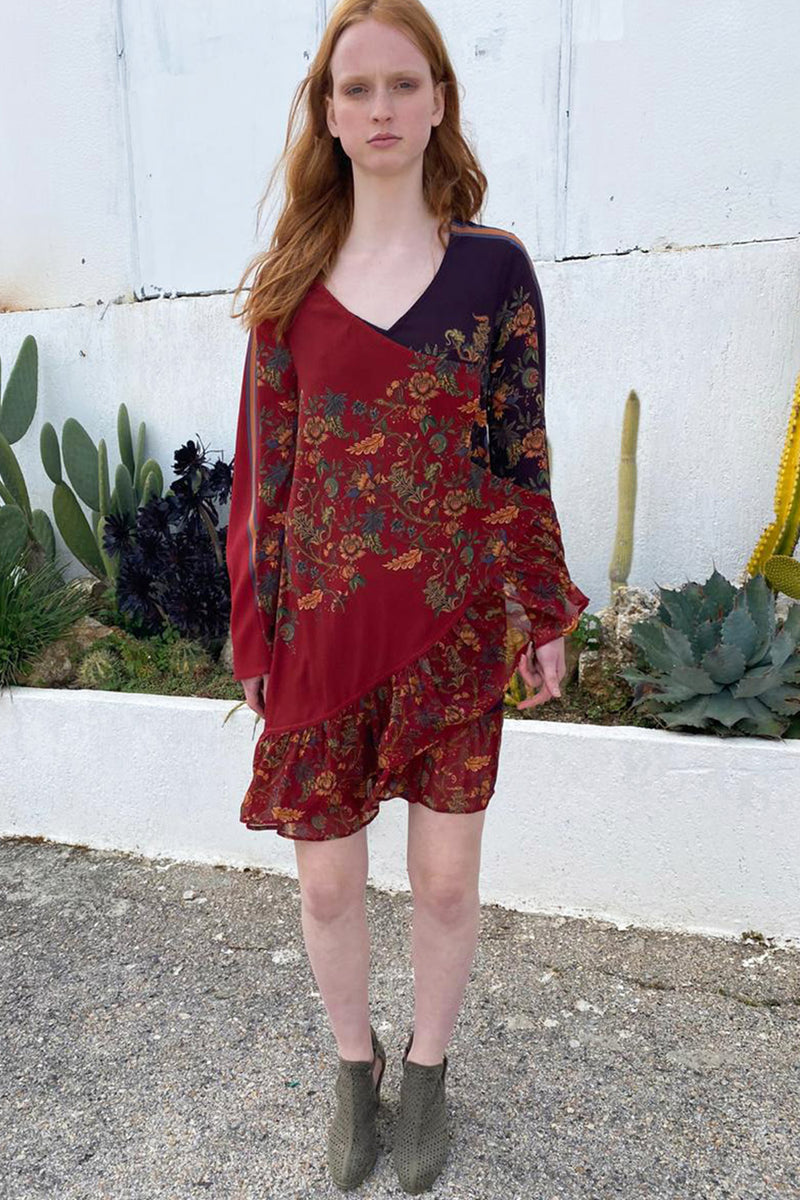 Red and Purple Crepe Printed Color Blocked Dress