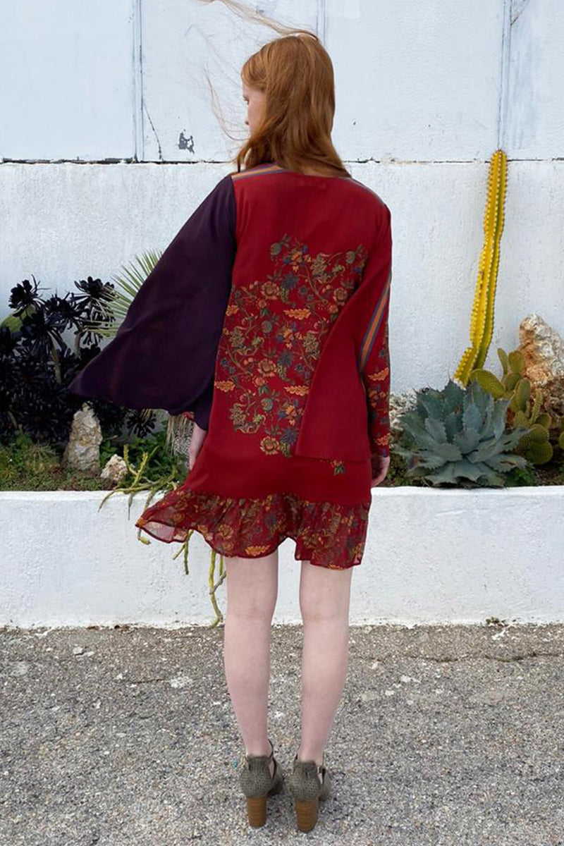 Red and Purple Crepe Printed Color Blocked Dress
