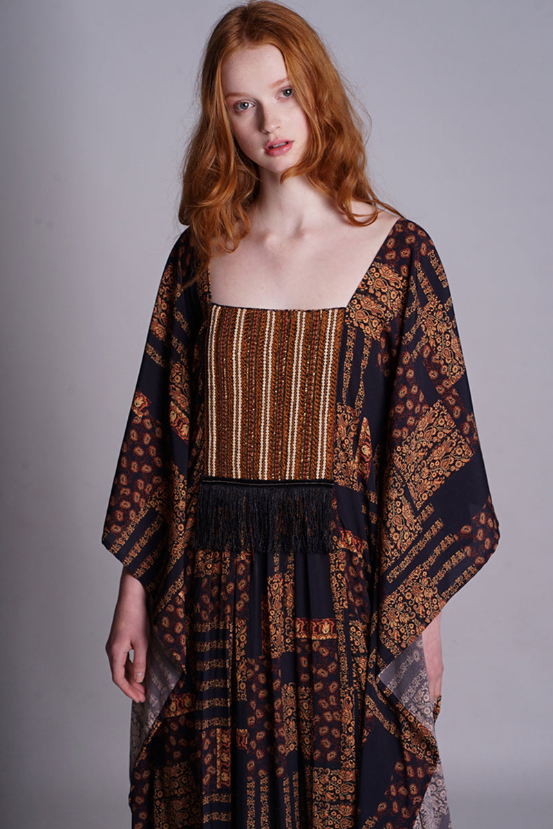 Black Abstract Paisley Embroidered Yoke Kaftan With Frinch Detail