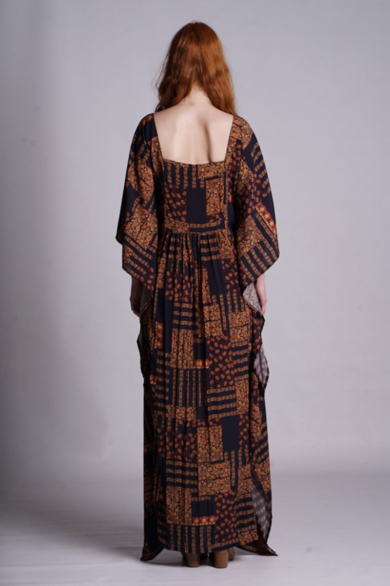 Black Abstract Paisley Embroidered Yoke Kaftan With Frinch Detail