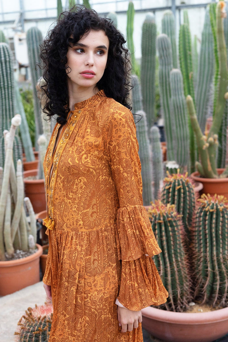 Ochre Paisley Double Tired Dress with Embroidered Placket