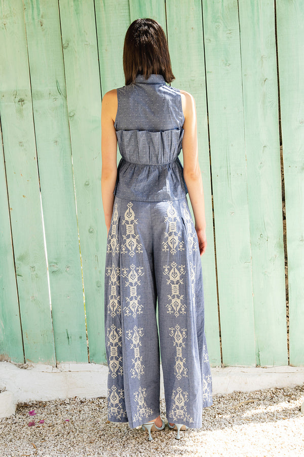 Blue Chambray Box Pleated Pants With Cross Stitch Embroidery