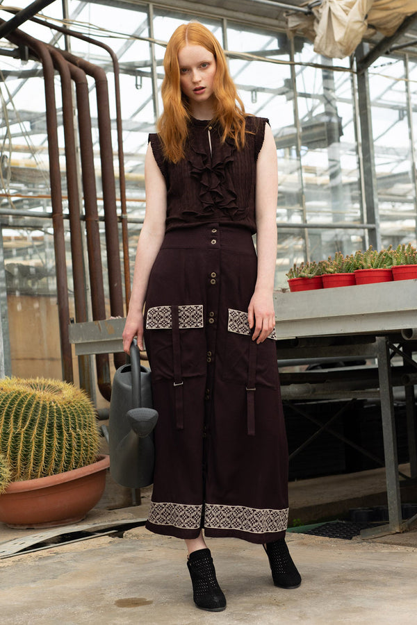 Brown Viscose Twill High Waist Front Open Skirt with Embroidered Patch Pocket
