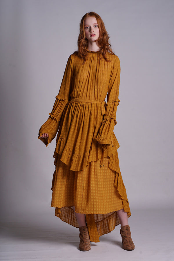 Viscose Texture Fabric Mustard Gathred Fuffle Detail  Midi Dress
