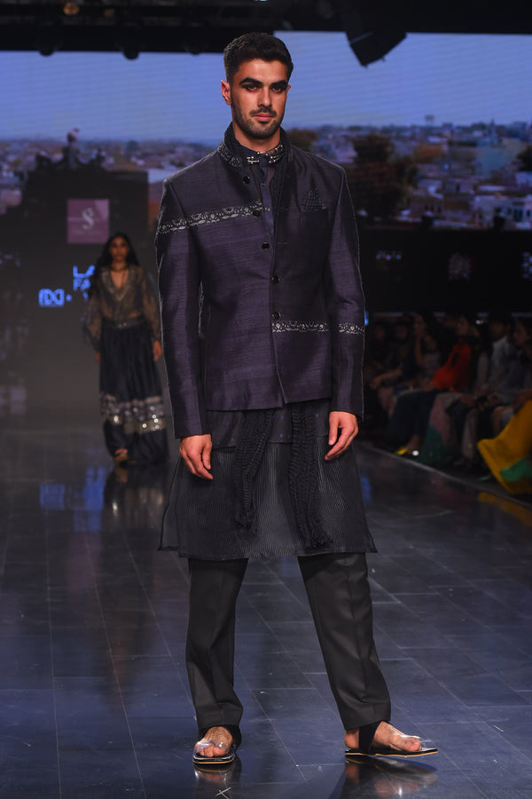 Charcoal rawsilk bandghala with short kurta and pants