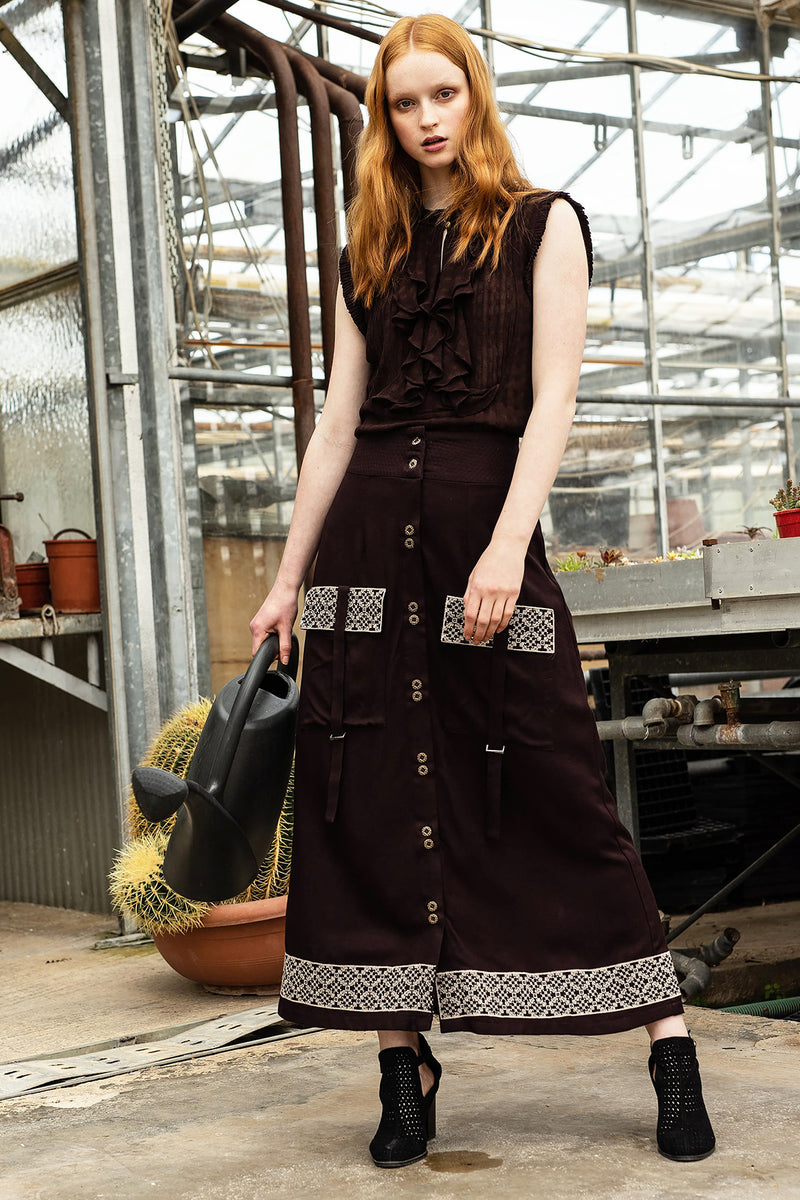Brown Viscose Twill High Waist Front Open Skirt with Embroidered Patch Pocket