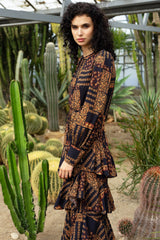 Black Abstract Paisley Gathered Bodies with Three Layer Ruffle Bottom Dress