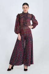 Purple Floral And Striped Placement Digital Printed Silk Flared Pants