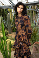 Black Abstract Paisley Gathered Bodies with Three Layer Ruffle Bottom Dress