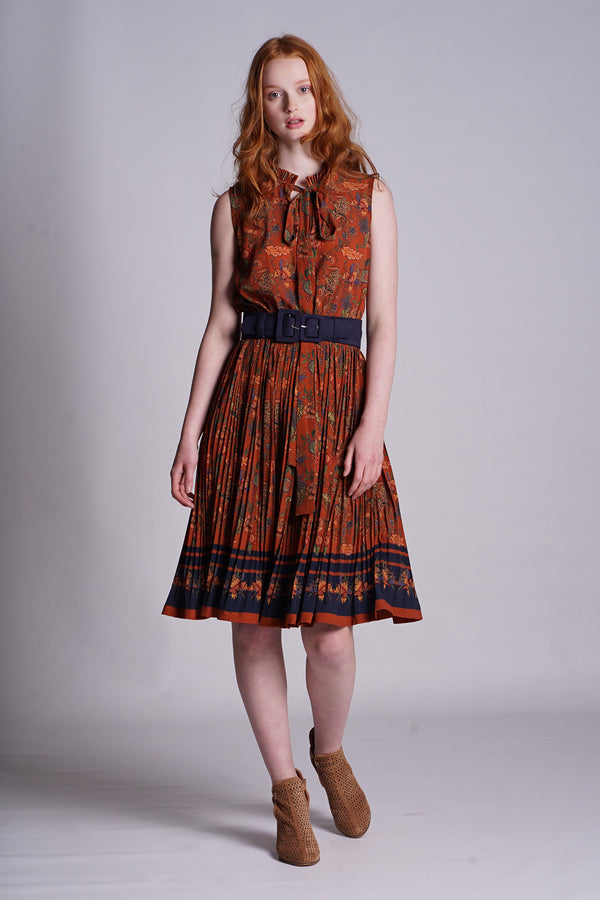 Rust Chintz Placement Printed Pinafore Tie Up Sleeves Dress