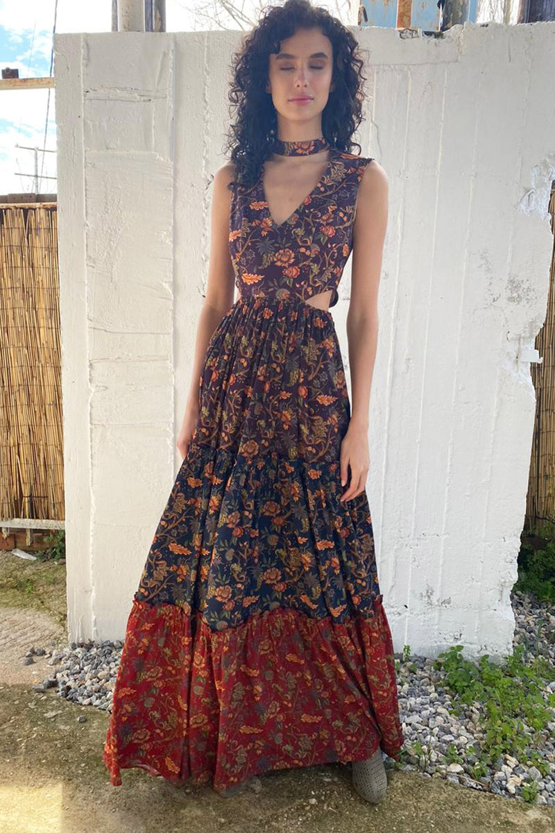 Knit Burgundy Bodice with Side Cuts 3 Color Maxi