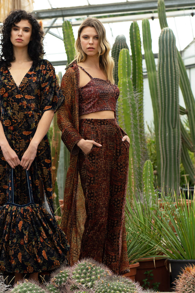 Brown Paisley Printed Velvet Bustier