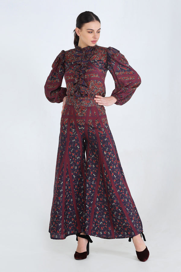 Purple Floral And Striped Placement Digital Printed Silk Victorian Shirt