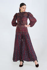 Purple Floral And Striped Placement Digital Printed Silk Flared Pants