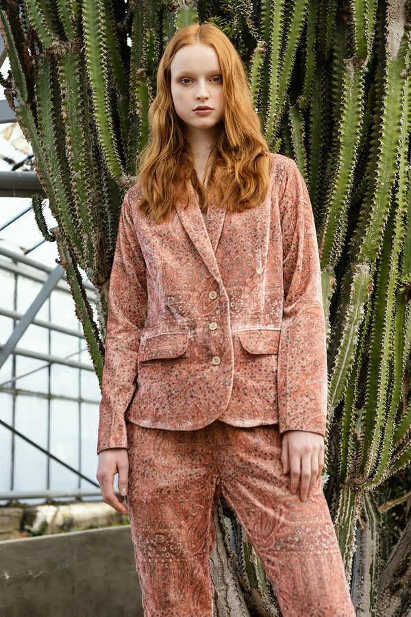 Pink Paisley Printed Velvet Pant Suit