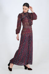 Purple Floral And Striped Placement Digital Printed Silk Flared Pants