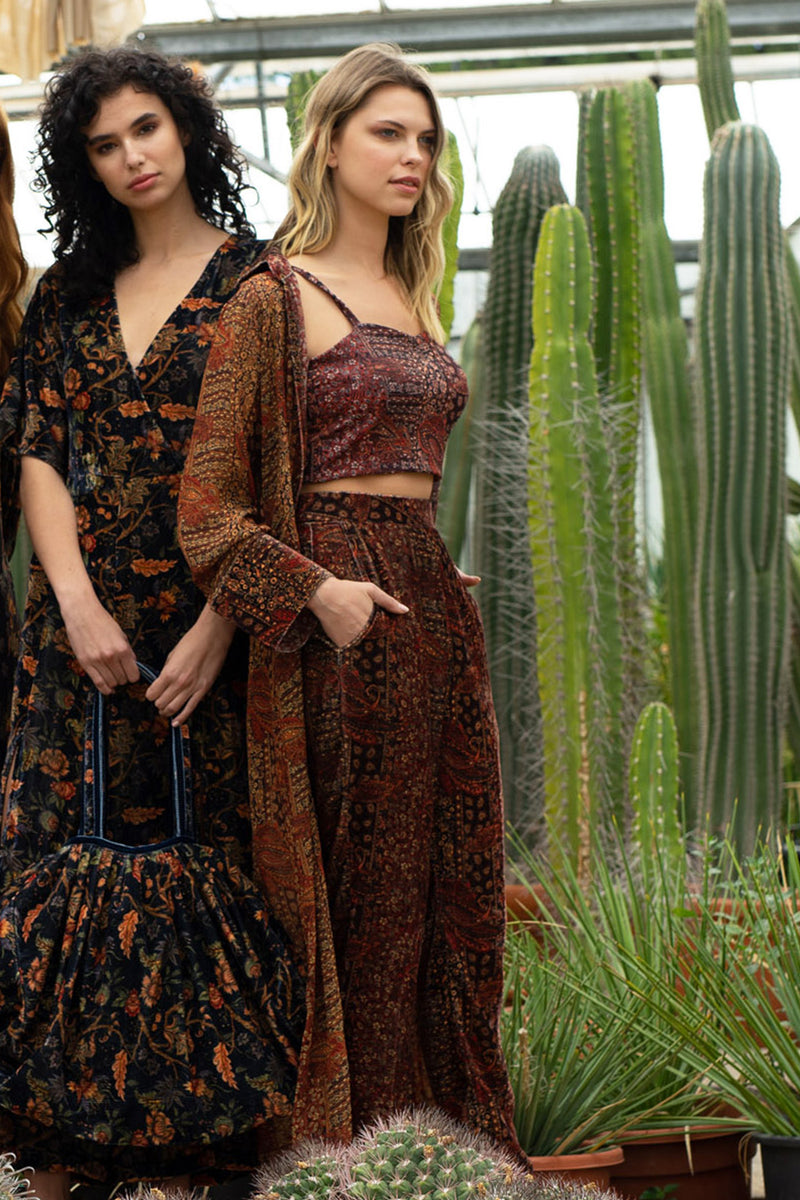 Brown Paisley Printed Velvet Bustier