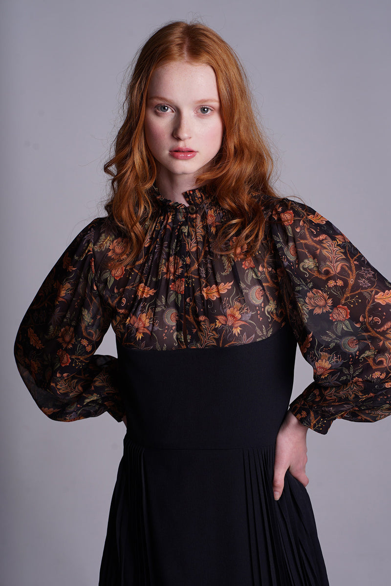 Black Crepe Midi Dress with Sheer Chintz Printed Yoke Sleeve and Hem