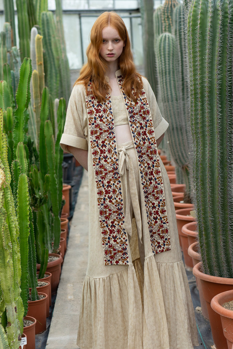 Ekru Oversize Dolmen Boho Embroidered Front Panel Anti-Fit Kaftan With Ekru Viscose Texture Pant With Tribal Embroidery At Hem