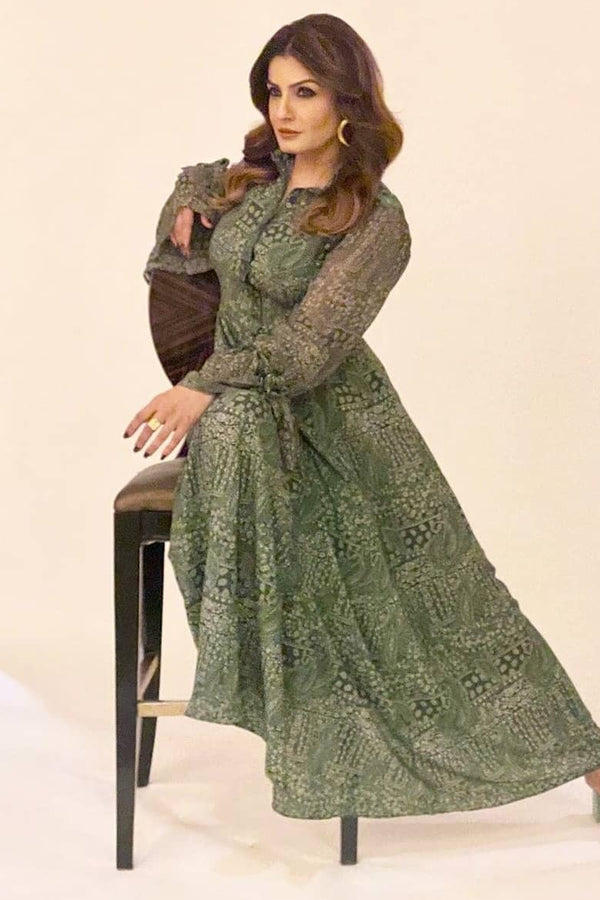 Raveena Tandon In All Over Green Paisley Digital Printed Shirt Dress with Velvet Details