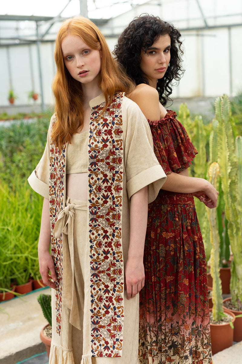 Ekru Oversize Dolmen Boho Embroidered Front Panel Anti-Fit Kaftan With Ekru Viscose Texture Pant With Tribal Embroidery At Hem