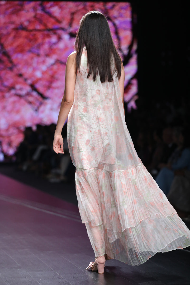 Bone Organza Printed Maxi With Knit Printed Slip