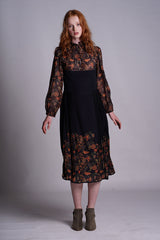 Black Crepe Midi Dress with Sheer Chintz Printed Yoke Sleeve and Hem