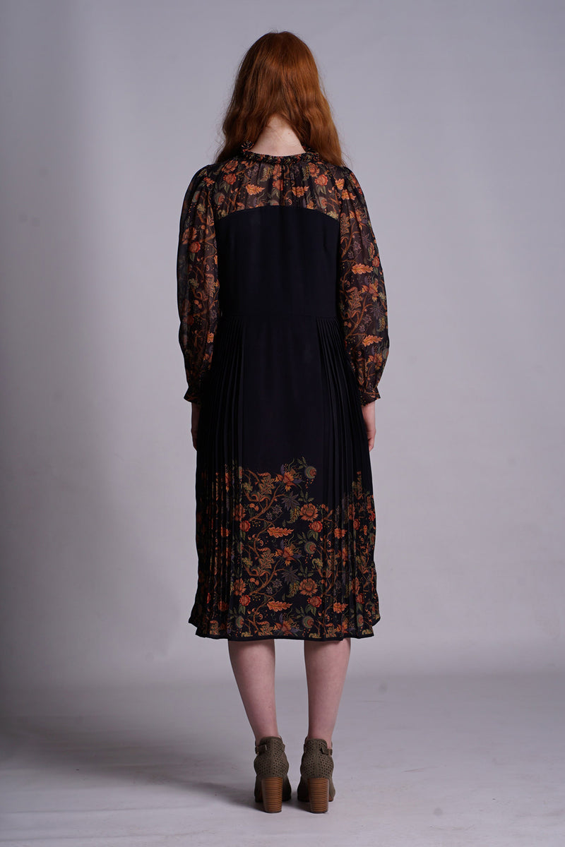 Black Crepe Midi Dress with Sheer Chintz Printed Yoke Sleeve and Hem