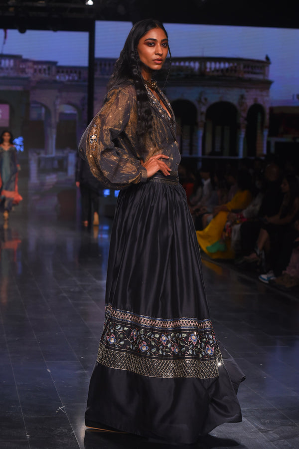 Charcoal Printed and Embroidered Shirt With Chanderi Pita Embroidered Skirt