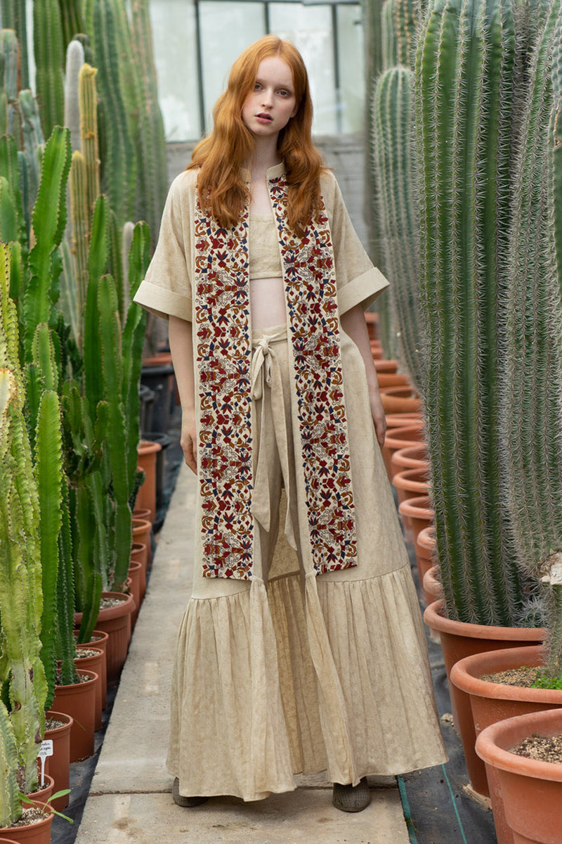 Ekru Oversize Dolmen Boho Embroidered Front Panel Anti-Fit Kaftan With Ekru Viscose Texture Pant With Tribal Embroidery At Hem