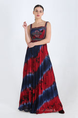 Blue, Red And Charcoal Tie And Dye Georgette Cut Out Maxi With Embroidered Bodice