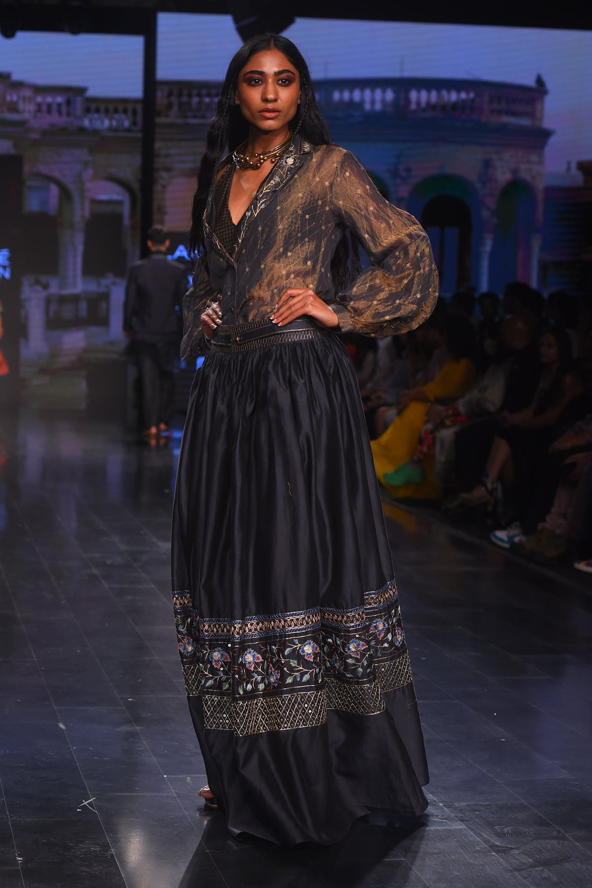 Charcoal Printed and Embroidered Shirt With Chanderi Pita Embroidered Skirt