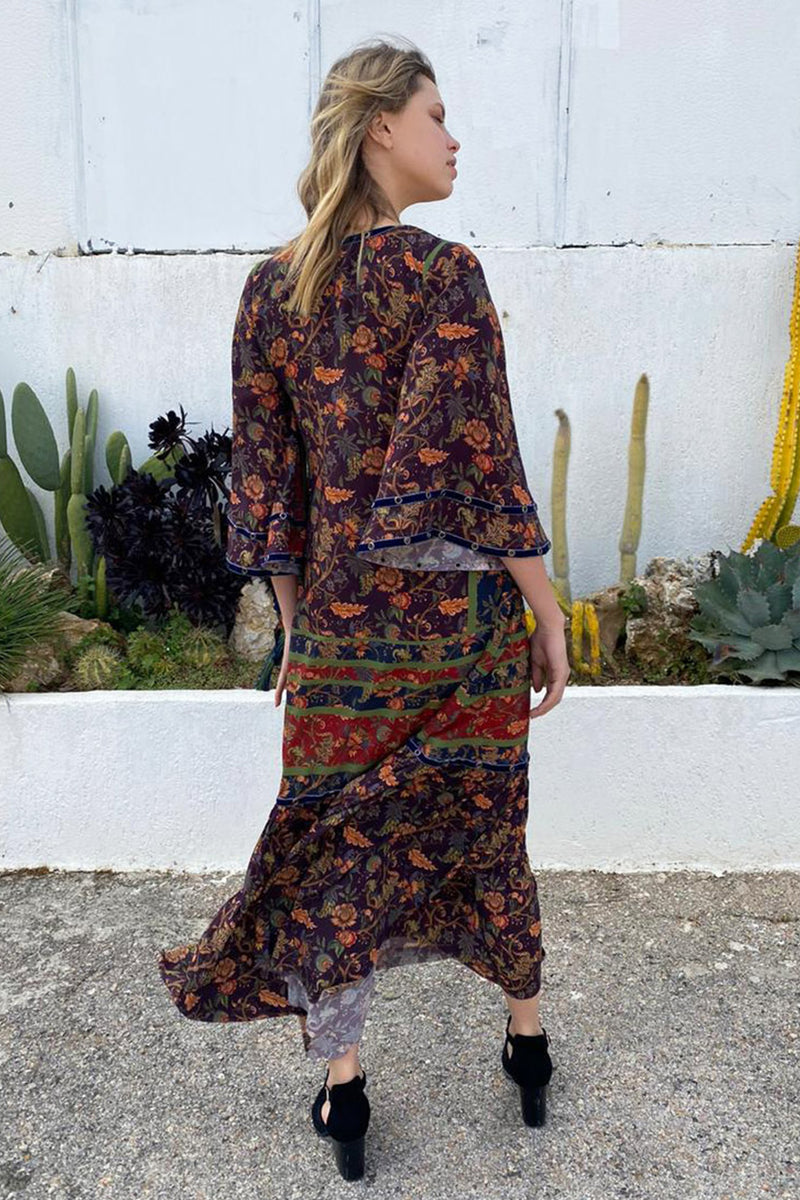 Placement Print & Color Block Gathered Ankle Length Dress with Fring Detail in Front